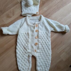 Cozy Cream Knit Baby One Piece with Hat